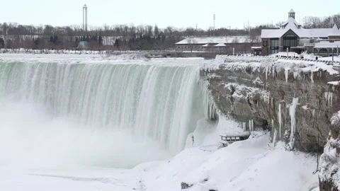 Niagara Falls covered in snow and ice during a polar vortex deep freeze Stock Footage 328059356