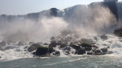Niagara Falls Mist Rising From The Falling Turbulent Waters Video stock 88336647