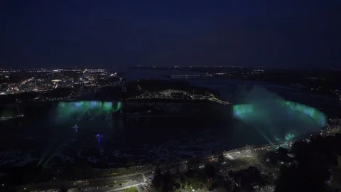 Niagara Falls at night with lights on waterfall, glowing in the dark Stockbeeldmateriaal 119093841
