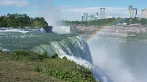 Niagara Falls With Rainbow and Mist, Scenic 4K View of American Falls Stock Footage 340839979