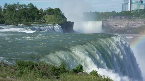 Niagara Falls With Rainbow and Mist, Scenic 4K View of American Falls Stock Footage 340840033