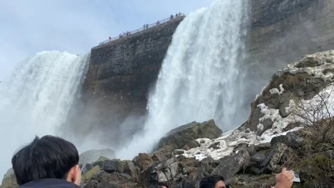 Niagara Falls Tourists Pose Under Horseshoe Falls and Bridal Veil Falls-American Stock Footage 270190206