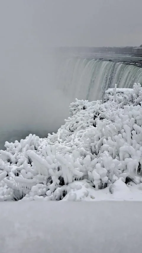 NIagara Falls Vertical with Ice Coated Fence and Waterfalls Stock Footage 296262590