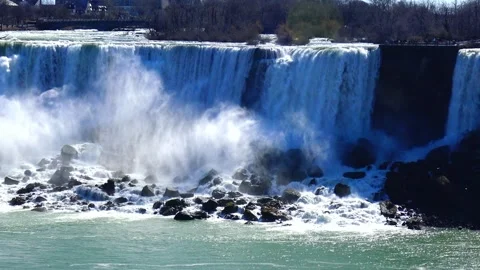 Niagara Falls viewed from the Canadian side, with the Rainbow Bridge connec.. Stock Footage 341692636
