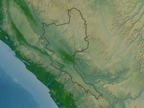 Niari, Republic of Congo. Colored elevation map with lakes and rivers Stock Illustration