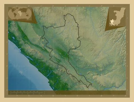 Niari, Republic of Congo. Colored elevation map with lakes and rivers Illustrazione stock