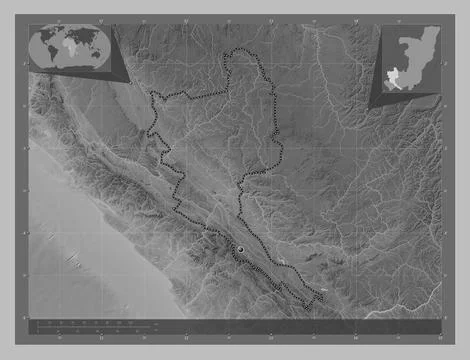 Niari, Republic of Congo. Grayscale elevation map with lakes and rivers Stock Illustration