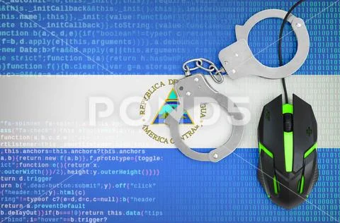 Nicaragua flag and handcuffed computer mouse. Combating computer crime, hack Stock Photos