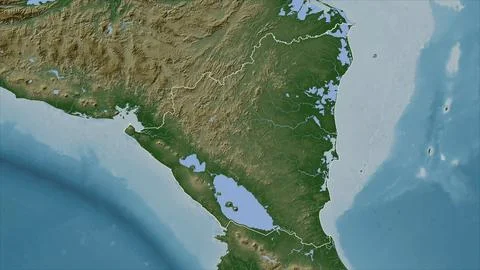 Nicaragua outlined on a Pale colored elevation map with lakes and rivers Illustrazione stock