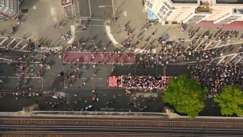 Nice aerial top view flight drone. CSD Pride Love Parade 2023 in city Berlin Stock Footage 246766058
