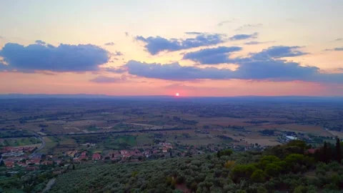 Nice aerial top view flight Golden hour sunset Tuscany italy valley cloud Stock Footage 255222779