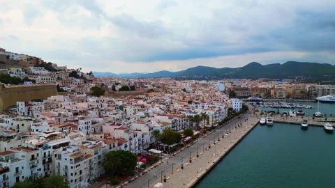 Nice aerial top view flight drone. Harbor Port promenade city Ibiza Town Spain Vídeo Stock 256184634