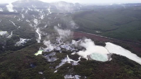 Nice Aerial View of Geothermal Craters at Wai-O-Tapu, New Zealand Stock Footage 346477648