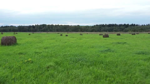Nice aerial view of haystack on the green field. Close up view on haystack Stock Footage 140581616