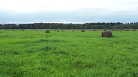 Nice aerial view of haystack on the green field. Close up view on haystack Stock Footage 140581675