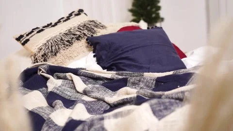 Nice bed in the bedroom. Deep sleep. Home comfort. Stock Footage 166003843