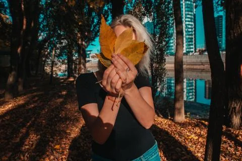 Nice blondi Girl hides behind autumn foliage Stock Photos