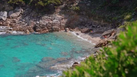 Nice blue and green beach in Sardinia. Dreamy beach with rocks and white sand Stock Footage 139625319