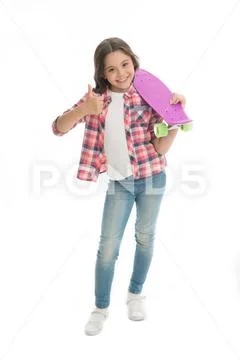 Nice board. Kid girl happy holds penny board. Modern teen hobby. Girl happy face Stock Photos