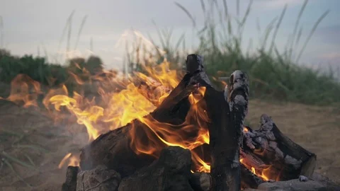 Nice bonfire on the beach in slow motion Stock Footage 110695001