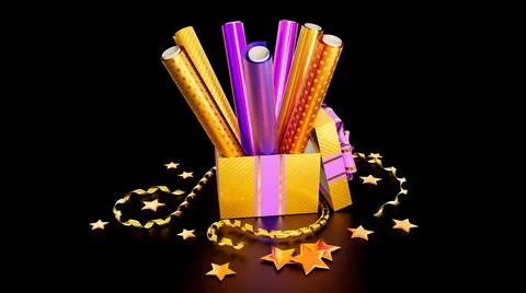 Nice bright present wrapping paper and gift box on black 스톡 일러스트