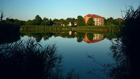 Nice castle reflection in a reed covered pond, next to a  forest 4k Video stock 116134431