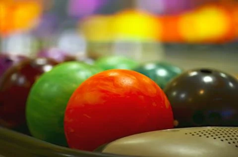 Nice close-up of the colored bowling balls 스톡 사진
