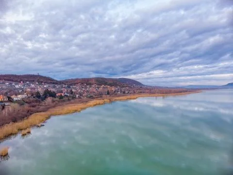 Nice clouds reflection on lake Balaton in Hungary, drone picture Stock-Fotos