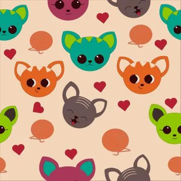 Nice colorful seamless vector pattern with cats in kawaii design with different Stock Illustration