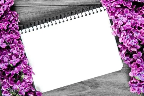 Nice composition of a blank notebook and lilac flowers on the grey wooden Stock Photos