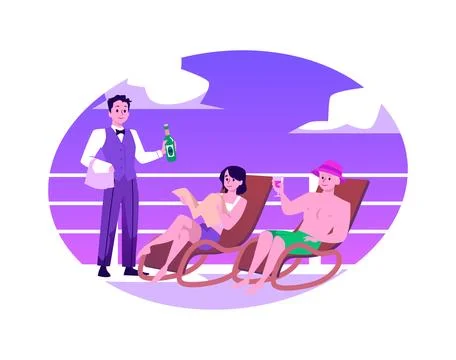 Nice couple resting, sunbathing on the deck of luxury cruise liner, yacht Stock Illustration