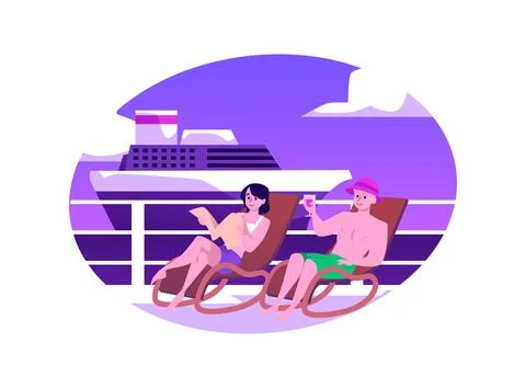 Nice couple resting, sunbathing on the deck of a luxury cruise liner, yacht Ilustração Stock