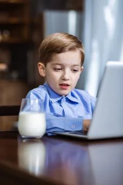 Nice cute boy using laptop in the kitchen Stock-Fotos