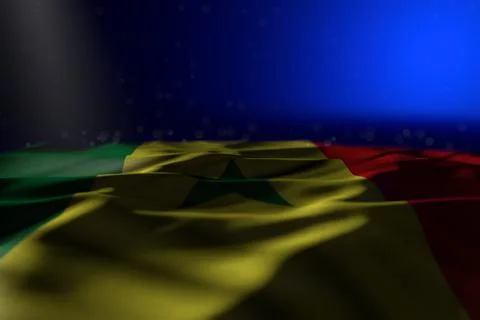 Nice dark image of Senegal flag lying flat on blue background with selective Stock Illustration