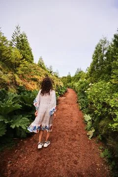 Nice day. Back view of young woman in white dress walking along beautiful alley Stock Photos