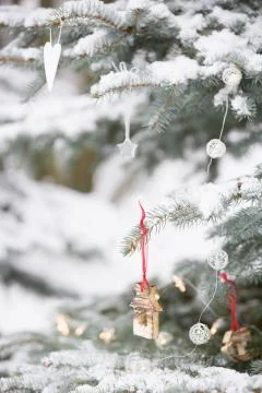 Nice decorations on a Christmas tree with snow outdoors. Celebration, winter  Stock Photos