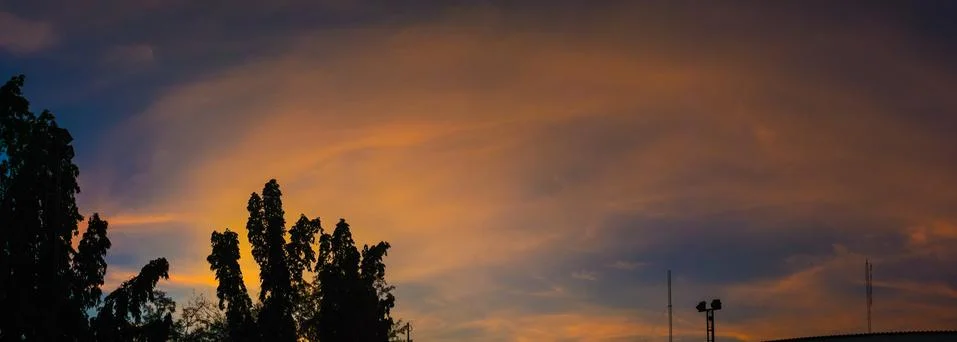 Nice dramatic sky with cloud and silhouette of trees, Panoramic view Stock Photos