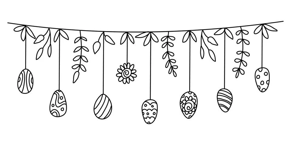 A nice Easter eggs garland decorated with leaves and flowers doodle Illustrazione stock
