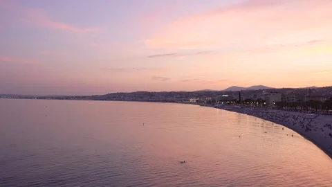Nice Epic Wide View French Riviera Epic Beautiful Sunset Beach View Pink Pu.. Stock Footage 314027166