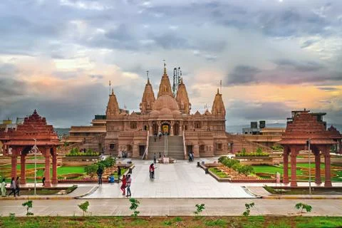 Nice evening sunset view behind Shree Swaminarayan Mandir, Ambe Gaon,  Pune, Stock Photos