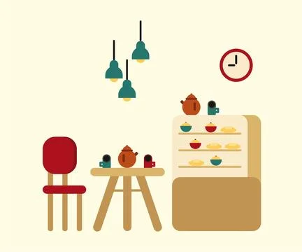 Nice flat illustration of cafe with cups of coffee Stock Illustration