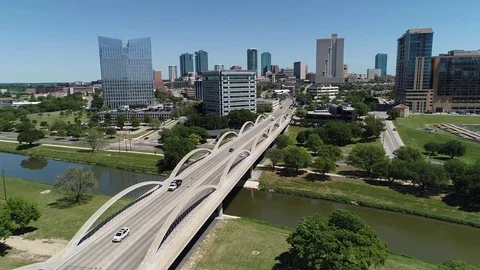 NICE Fort Worth establishing shot fly over 7th St. Bridge to downtown Stock Footage 74498468