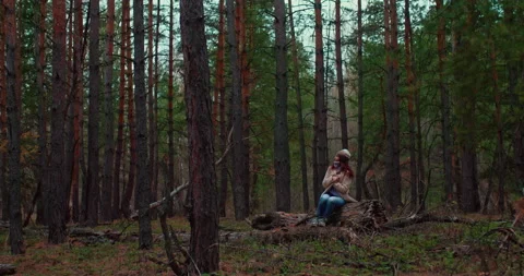 Nice girl is sitting on a fallen log in a dense forest, she looks at nature and Stock Footage 166809387