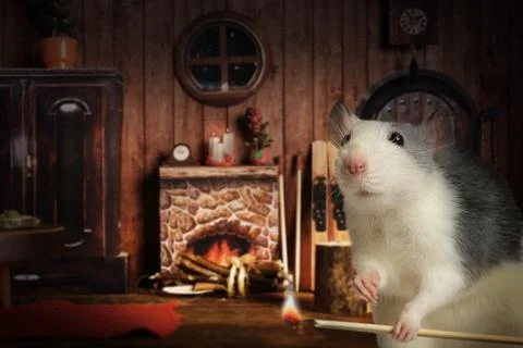Nice gray rat lights a fire in his cozy house Foto stock