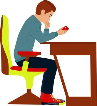 A nice guy sits at a table and holds a phone in his hands. Computer chair, wh Stock Illustration