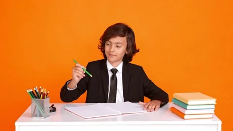 Nice hardworking little student boy sit desk write homework Stock Footage 158313610