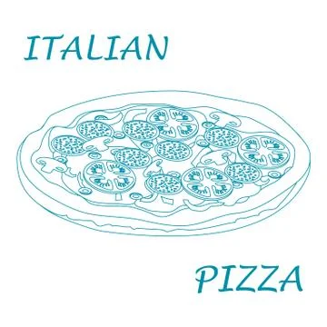 Nice illustration of tasty, appetizing pizza with inscriptions. Stock-Illustration