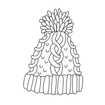 Nice knitted hat with a big pompom in doodle sketch style. Stock Illustration