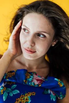 Nice lady overjoyed by warm spring breeze going romantic date wear cute dress Stock Photos