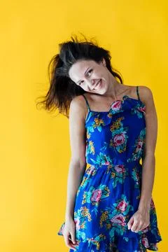 Nice lady overjoyed by warm spring breeze going romantic date wear cute dress Stock Photos